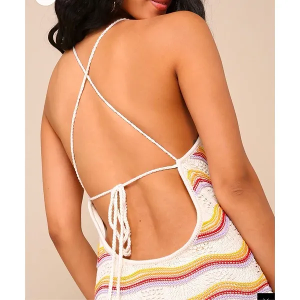 Lulus Natural Bliss NWT Ivory Striped Crochet Lace Up Halter Midi Dress Medium - Image 4
