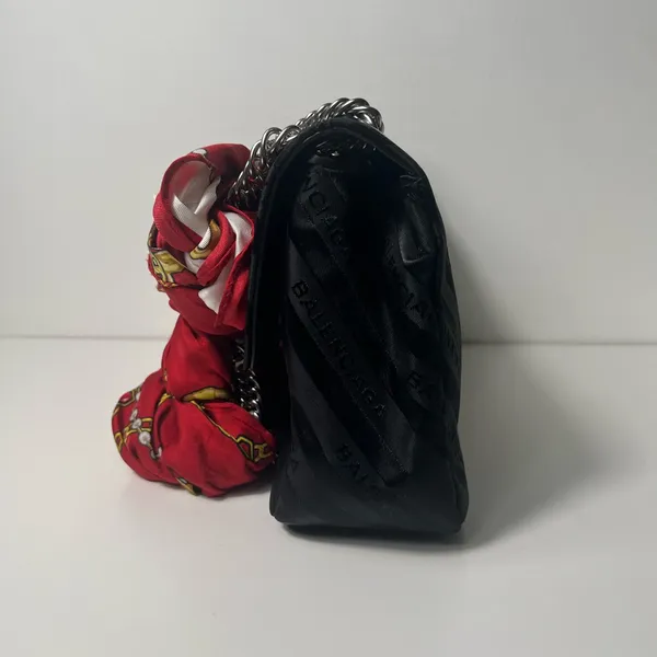 Balenciaga BB Satin Jacquard Black Logo Scarf Chain Shoulder Crossbody Bag Purse - Image 7