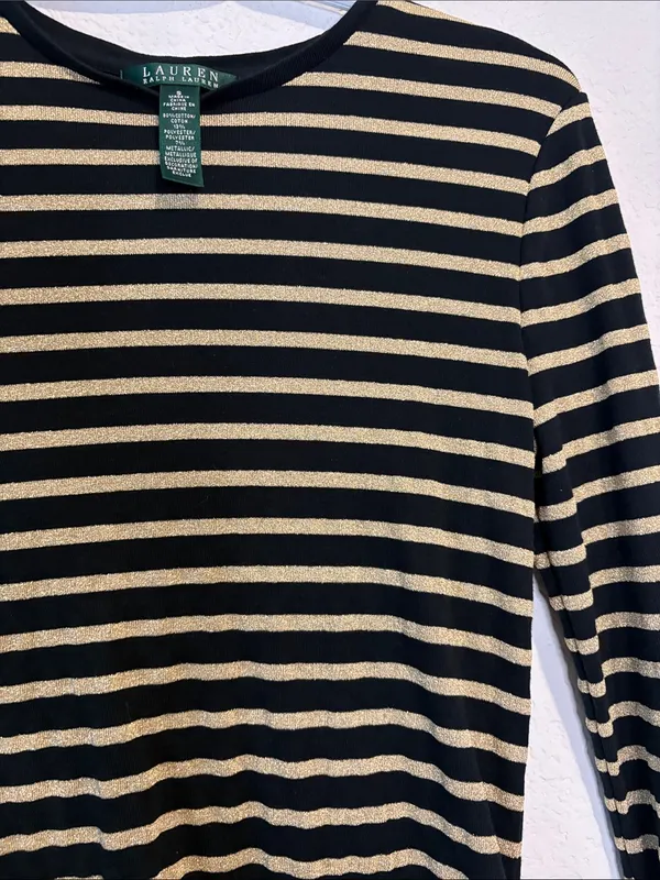 Lauren Ralph Lauren Black & Metallic gold Striped long sleeve Top small - Image 3