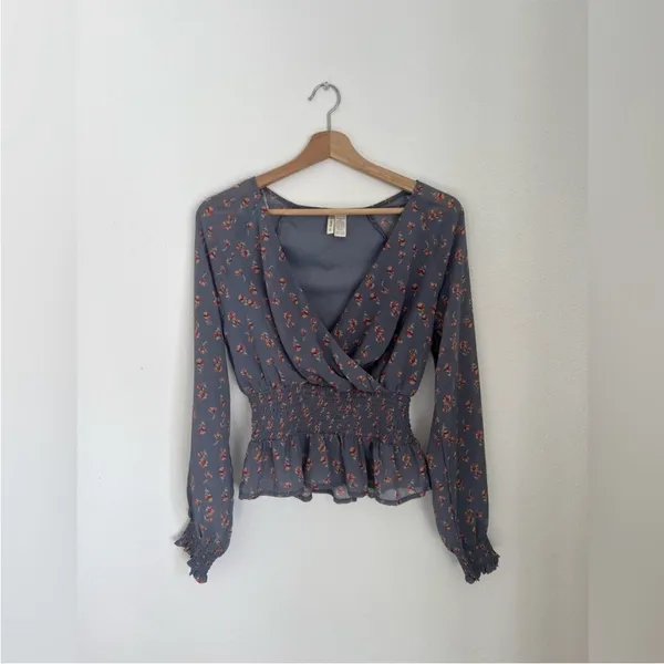 Japna Floral V Neck Shirt Smocked Waist Long Sleeve Womens Blouse - Image 6