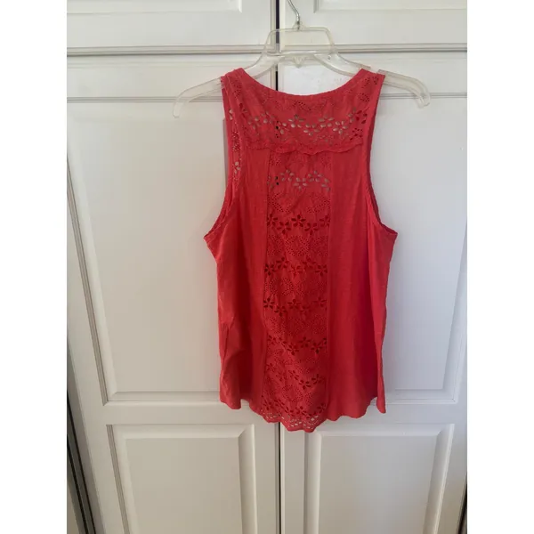 Lucky Brand Womens Coral Red Eyelet Lace Henley Tank Top Sleeveless Shirt Medium - Image 5