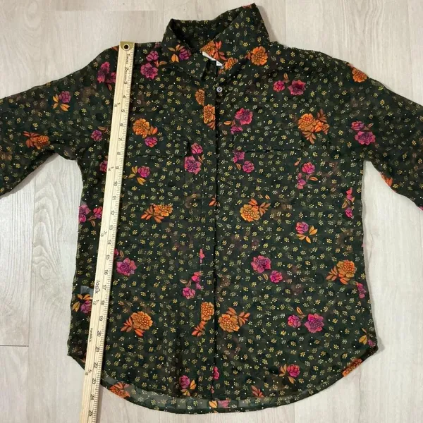 LOFT Floral Swiss Dot Sheer Button Down Blouse Womens M Green Fall Dark Academia - Image 4