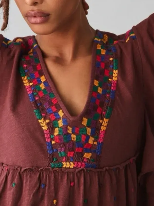 Anthropologie Brown Embroidered Bohemian V-Neck Ruffle Short Sleeve Top - Image 4