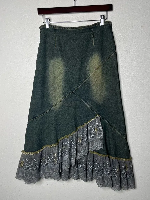 Y2K Vintage Asymmetrical Lace Hem Floral Beaded Fairy Grunge Denim Midi Skirt - Image 2