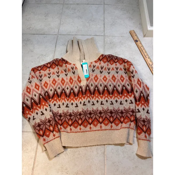 The General Good Fair Isle Collared Sweater Beige Orange Fall Size M NWT - Image 2