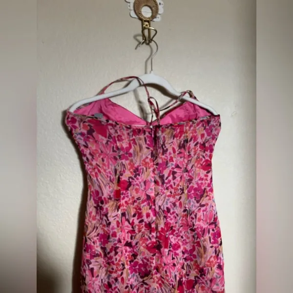American Vintage Vintage Y2K‎ Muse Asymmetrical Draped Floral Silk Halter Midi Dress Sz 6 Pink - Image 4