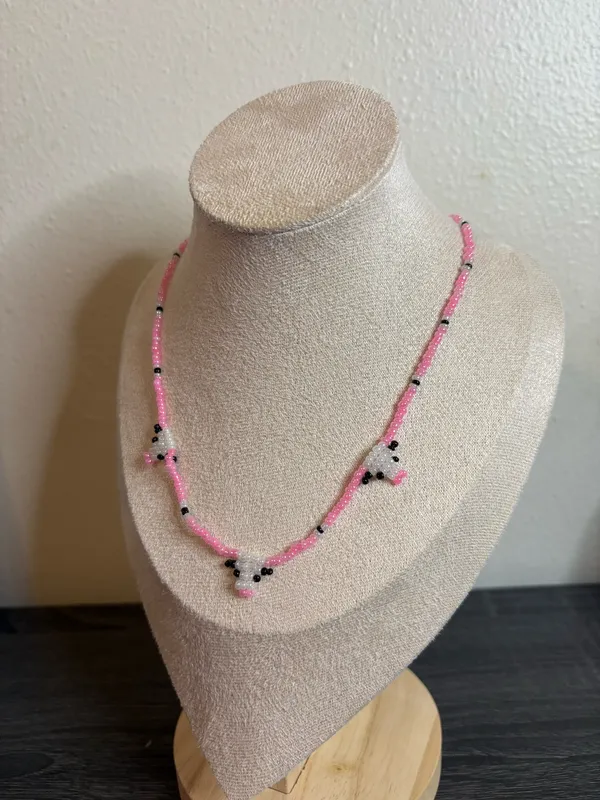 Handmade Pink Beaded Cow Necklace - Image 3