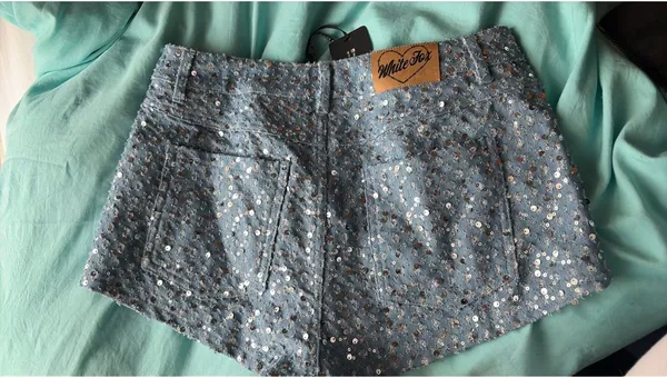 Sparkly sequin White Fox Jean shorts  - Image 2