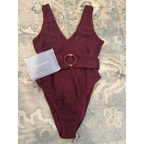 Montce Maroon Crochet Kim One-Piece Belted Swimsuit XL NEW - Image 4