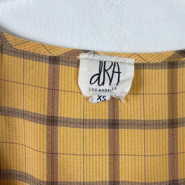 Dra Los Angeles Yellow & Grey Plaid Puff Sleeve Tiered Cottagecore Mini Dress - Image 3