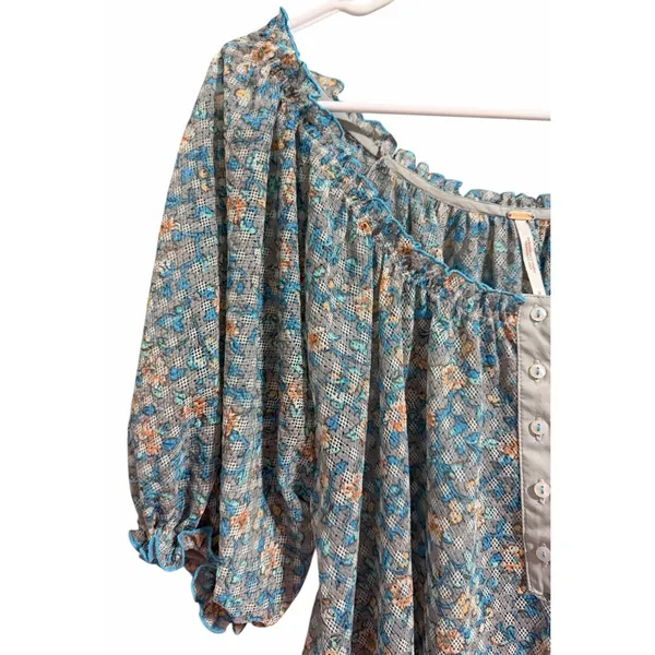 Free People Astra Peasant Top Blue Daisy Floral‎ Print Women's Size Medium - Image 7