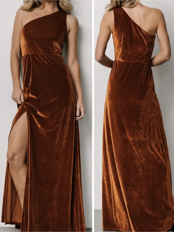 Baltic Born Tatiana Rust Brown Velvet Formal Bridesmaid One Shoulder Maxi Dress - Image 2
