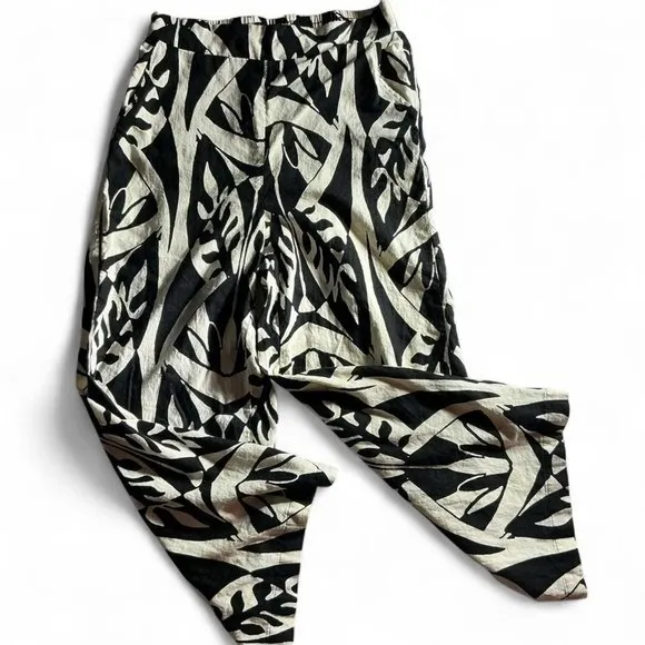 Women's Wide Leg Palazzo Pants M Black Cream Abstract Print Boho Resort Flowy - Image 3