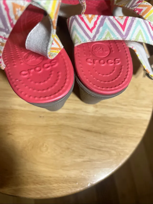 CROCS Pink Wedge Sandals with Chevron Multi-Color Straps - Image 3