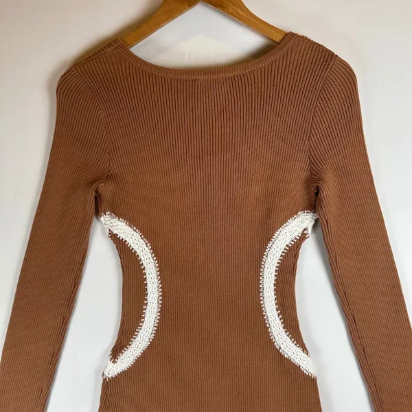 Mon Renn Brown Ribbed‎ Knit Mini Dress Long Sleeve Crochet Trim Detail Small - Image 8