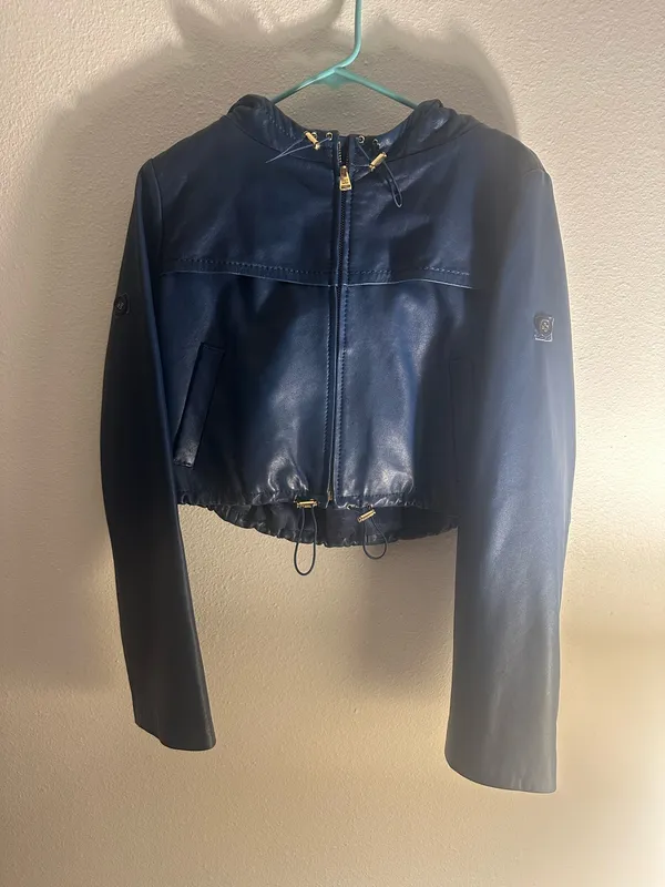 BCBGMAXAZRIA Blue Cropped Hooded Leather Jacket XS - Image 3