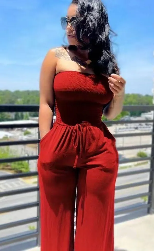 Drawstring Shirred Tube Jumpsuit, Casual Off Shoulder Wide Leg Jumpsuit, Women's - Image 2