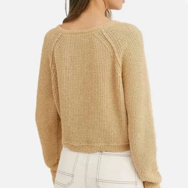 Free People V-Neck High Low Slouchy‎ Cropped Textured Knit Sweater Camel Size XS - Image 5