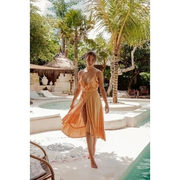 BEACHGOLD Lottie Geometric Print Wrap‎ Dress Cover Up Tassels Tie Waist Small - Image 2