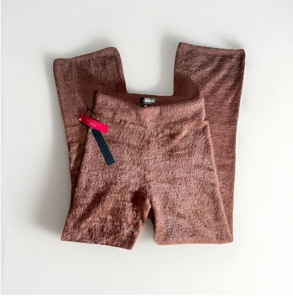 Carbon38 Fuzzy Eyelash Flare Lounge Pants in Cappuccino Brown Small Cozy Knit - Image 5