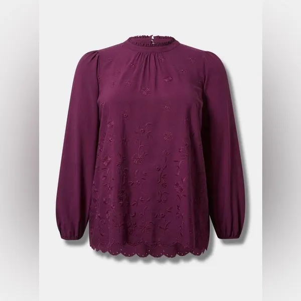 TORRID Challis Embroidered Cut Out Long Sleeve Blouse - Image 4
