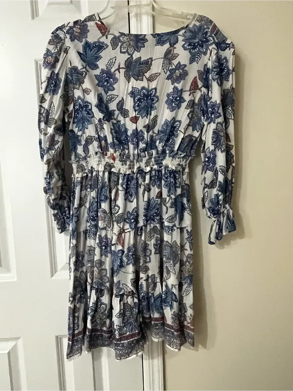 Angie White Boho Floral Long Sleeve Midi Dress with Blue & Rust Accents - Image 3