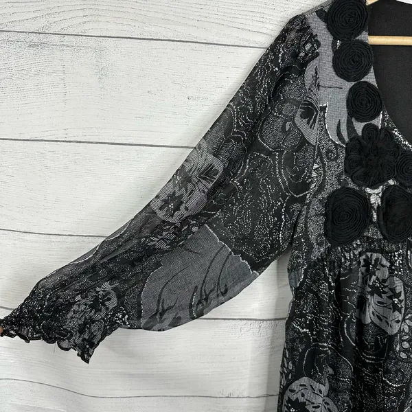 ICE Vintage Women XL Black Sheer 3/4 Sleeve Floral Blouse WhimsyGoth Feminine - Image 6