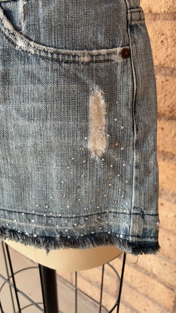 Angel Denim | Light Wash Studded Frayed Mini Skirt | L - Image 2