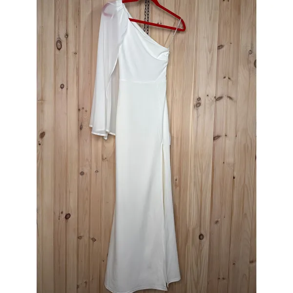 NWT Lulus Majestic Attitude White Cape Sleeve One-Shoulder Maxi Dress Wedding S - Image 2