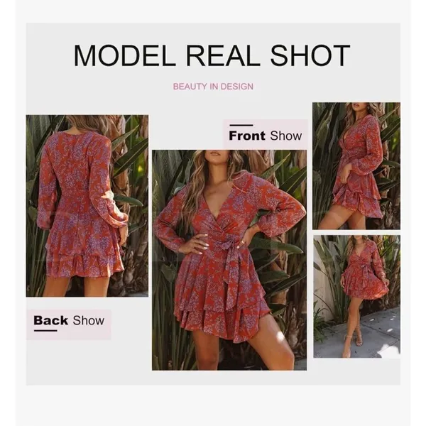 NEW V Neck Ruffle Chiffon Tie Knot Mini L Swing Skater Dress XL - Image 6