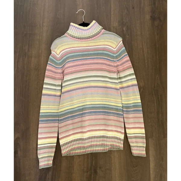 Vtg 90s Y2K Happy Stripe Izod Pastel Colorful Knit Turtleneck Sweater M - Image 2