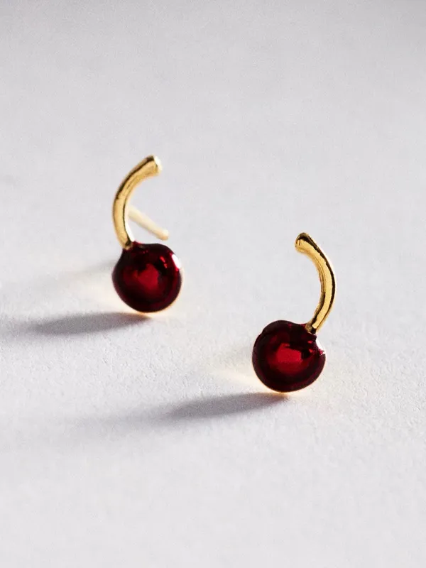 Anthropologie Cherry Icon Post Earrings Gold & Ruby Red in Floral Gift Packaging NWT - Image 2