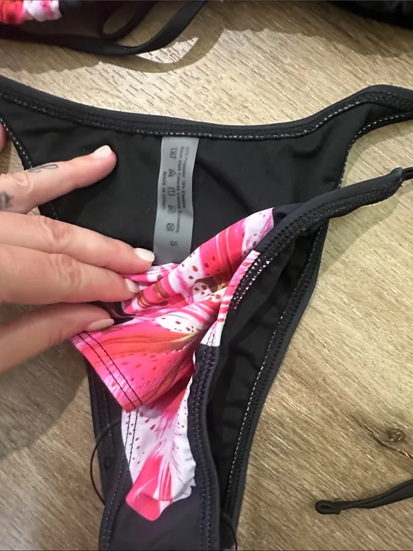 Black Floral String Bikini Set with Pink Lily Print - Image 2