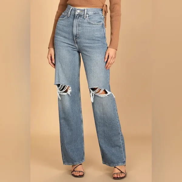 Levi's High Loose‎ Denim Distressed Wide Leg Jeans in Medium Wash Size 25 - Image 12