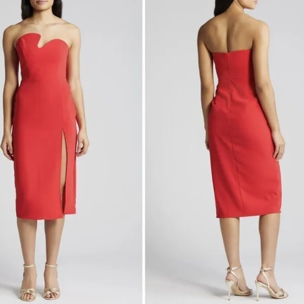 New Women's Amanda Uprichard Puzzle Strapless Midi Dress Lipstick Red Sz M - Image 2