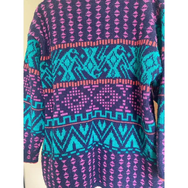 Vintage 80s Colorful Cardigan Sweater Chunky Aztec Patterned Women's Medium - Image 6