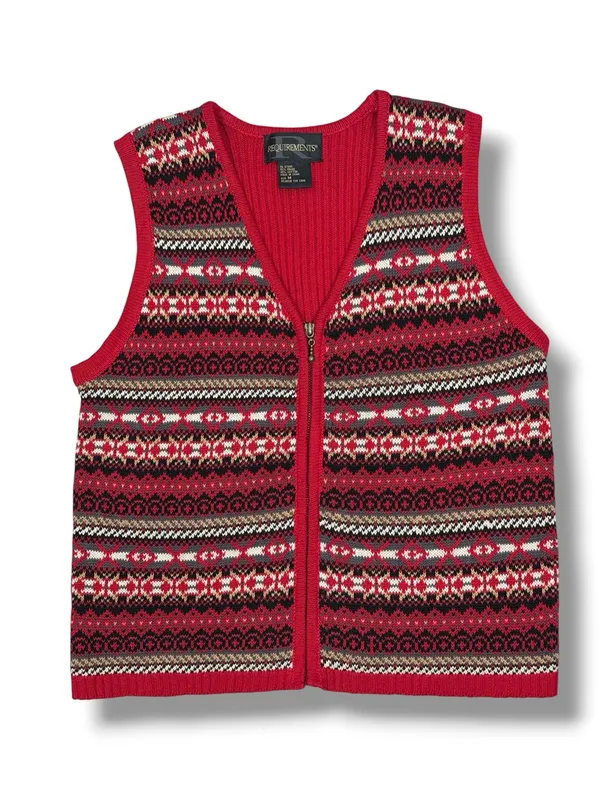Vintage Requirements Fair Isle V Neck Zip‎ Up Sweater Vest Red Multi Medium - Image 11