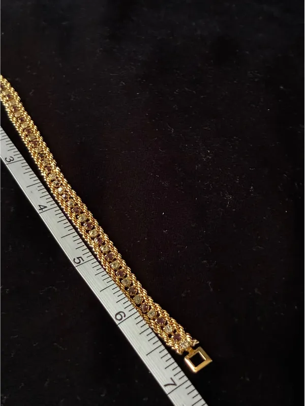 Vintage Mid-Century Gold Tone Purple & Clear Rhinestone Tennis Bracelet 7" - Image 4