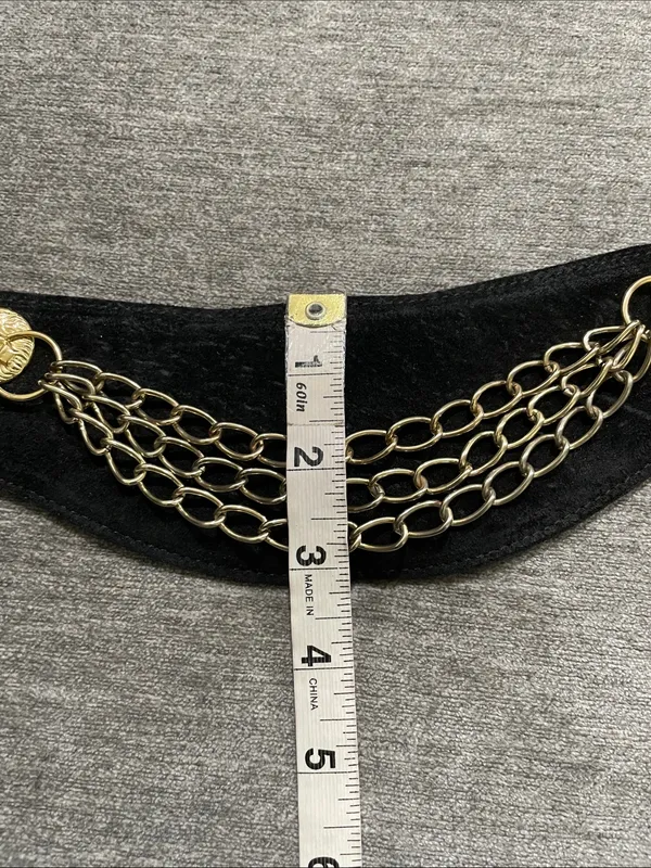Vintage Circa Genuine Suede Leather Gold Chain Accent Black Elastic Waist Belt - Image 7
