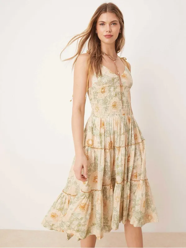 Free People Bohemian Dainty Cottage Adriel Tiered Midi Dress Ivory Floral Small - Image 4