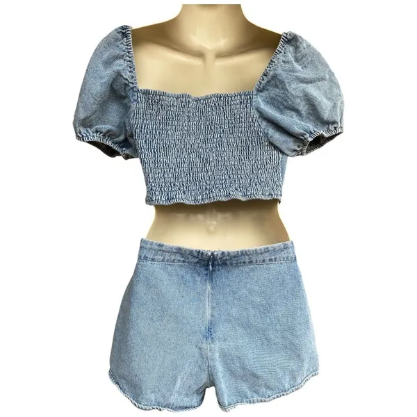 Altar'd State Y2K Festival Summer square neck puff sleeve cut out waist Denim Romper size S - Image 4