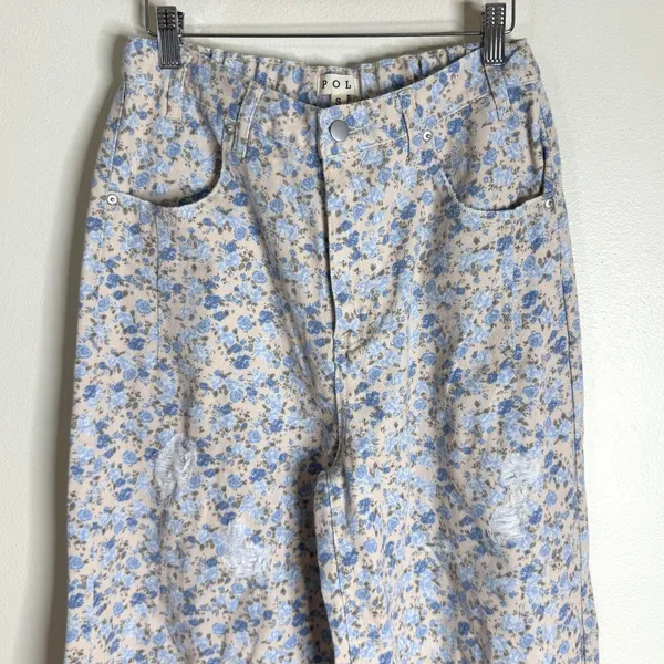 POL everyday edge pants Blue Floral Corduroy Wide Leg Distressed Elastic Waist S - Image 2