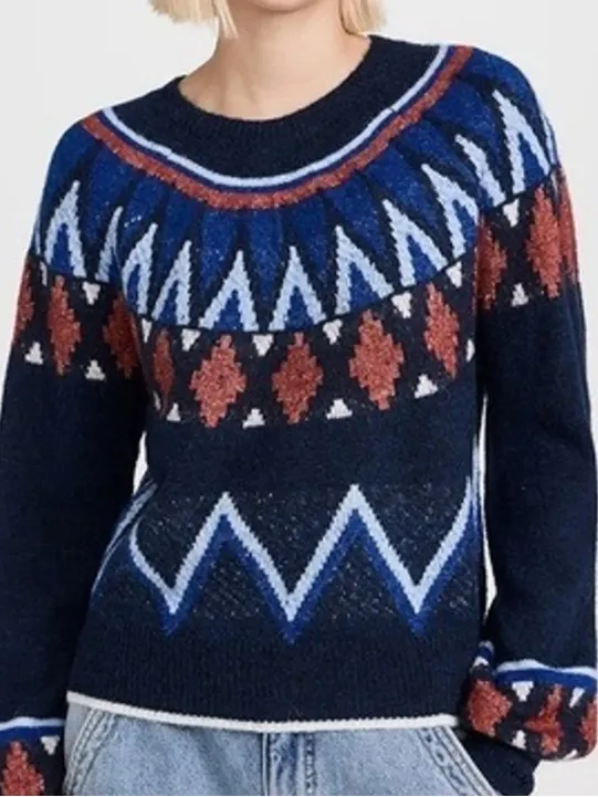 Sundry Navy Fair Isle Crewneck Sweater with Red and Royal Blue Accents - Image 2