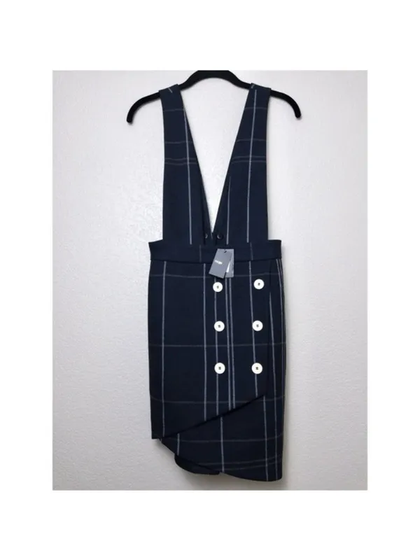 NWT Maje Jola Checked Pinafore Plaid Dress 36 Marine S Overalls Tartan Button - Image 5