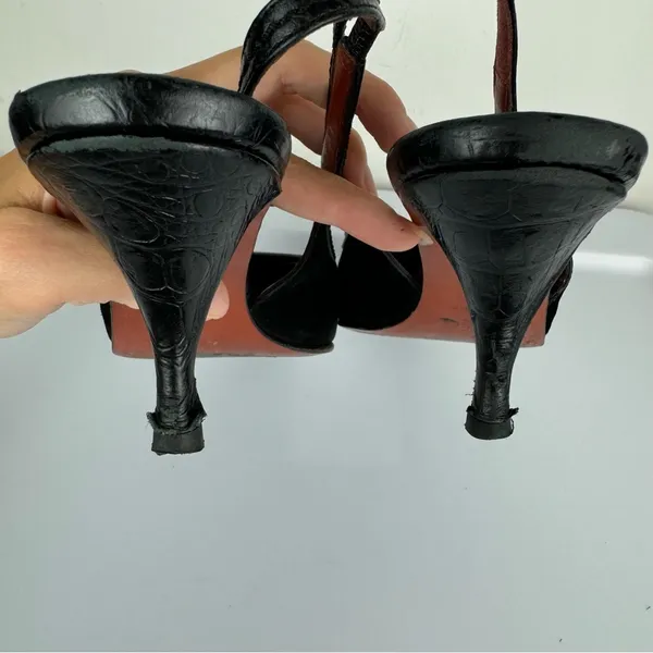 Donald Pliner Leather Sling Back Mules Sz 8 Black Kitten Heels Kiltie Point Toe - Image 10