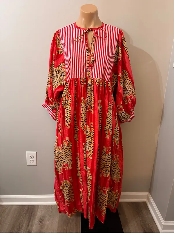 Bohemian Tiger Tigress Stripe Midi Dress 100% cotton made in India Red - Image 2