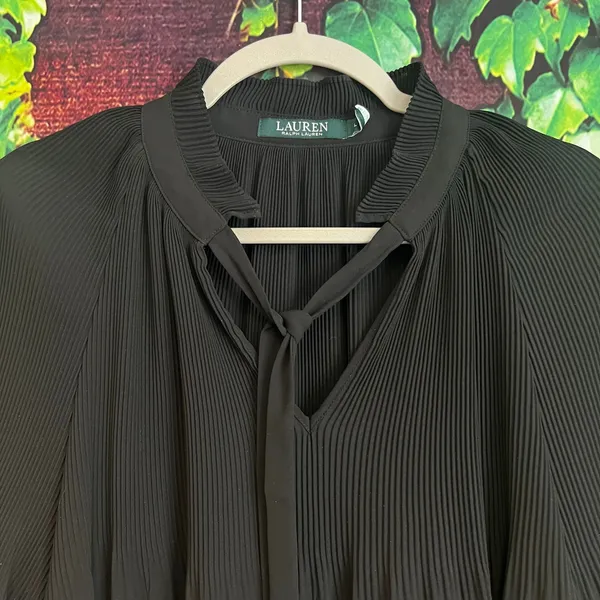 Ralph Lauren Pleated Georgette Tie Neck Blouse Large Black Long Sleeve Top Fancy - Image 3