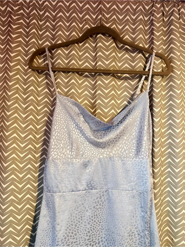NWT Lulus | Fiercely Chic Light Blue Satin Jacquard Print Cowl Midi Dress, S - Image 5