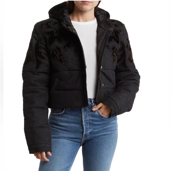 Free People RARE Fleur de Lis Black Denim Hoodie Puffer Jacket Medium NEW - Image 3