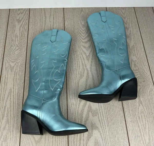 Madden Girl Arizona Knee High Cowboy Boots 7.5M Metallic Blue $99 - Image 6